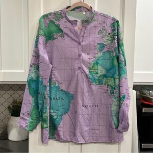 Women’s Novelty Print Popover Tunic Blouse Top Travel World Map Lagenlook  2X
